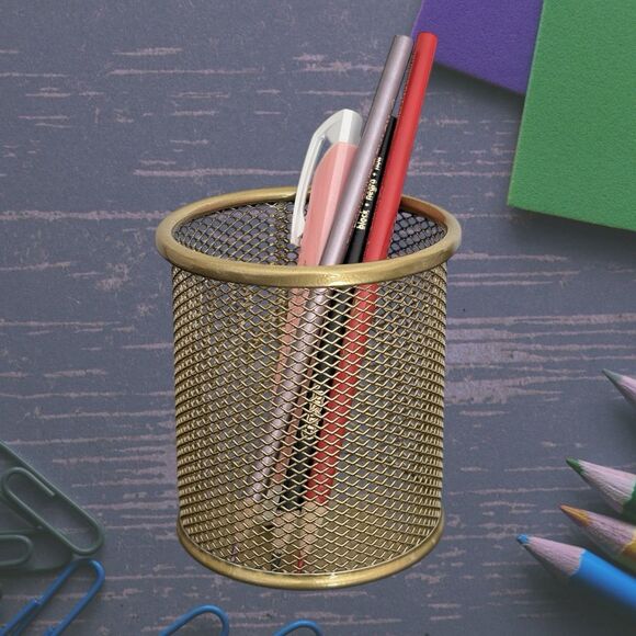2 Pack Pen Holder Metal Mesh Pencil Holders Round Shaped Pen Holders (Gold) - Picture 4 of 4